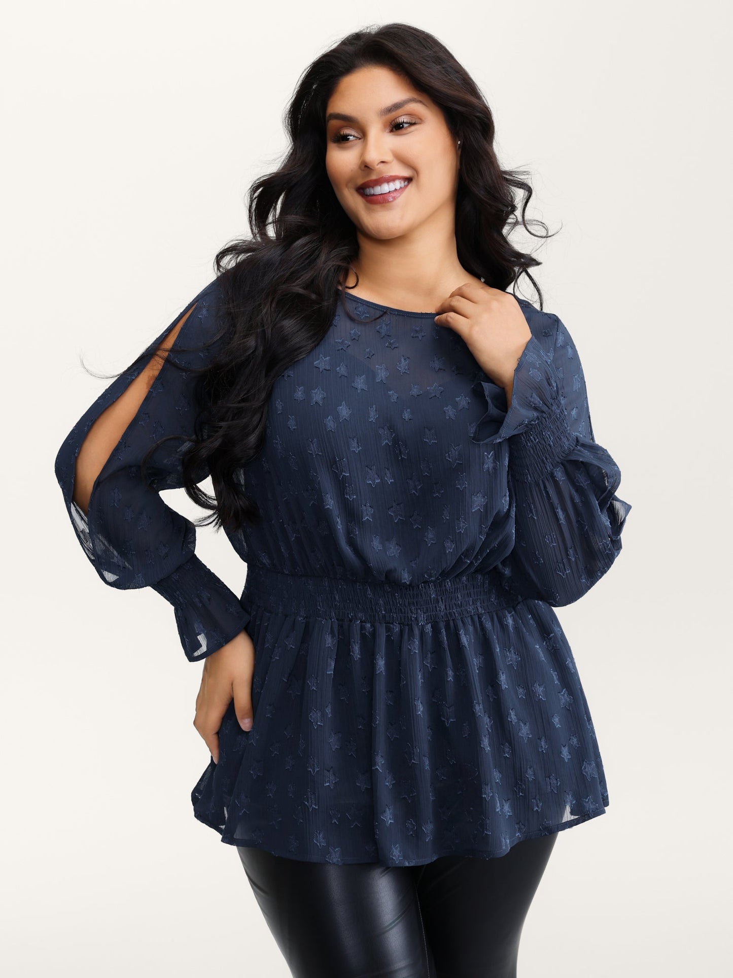 Star Jacquard Print Shirred Ruffled Blouse