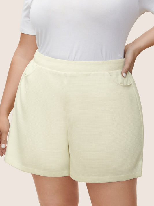 Plain Textured Elastic Waist High Rise Shorts