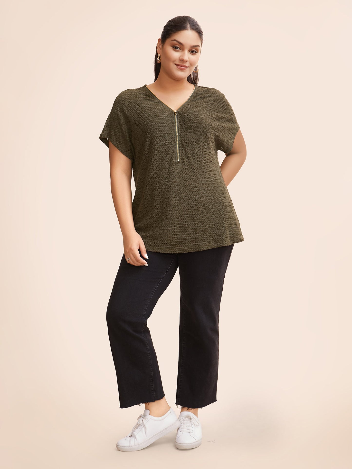 Texture Half Zip Batwing Sleeve T-shirt