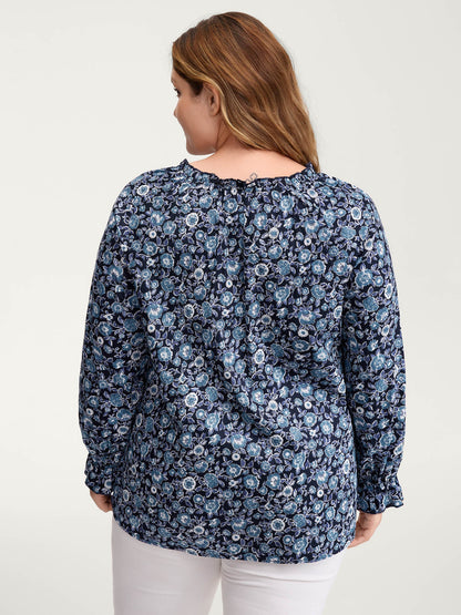 Cotton Floral Print Toothpick Pleats Blouse