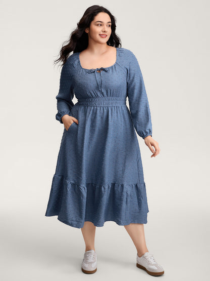 Textured Shirred Waist Neck-Tie Maxi Dress
