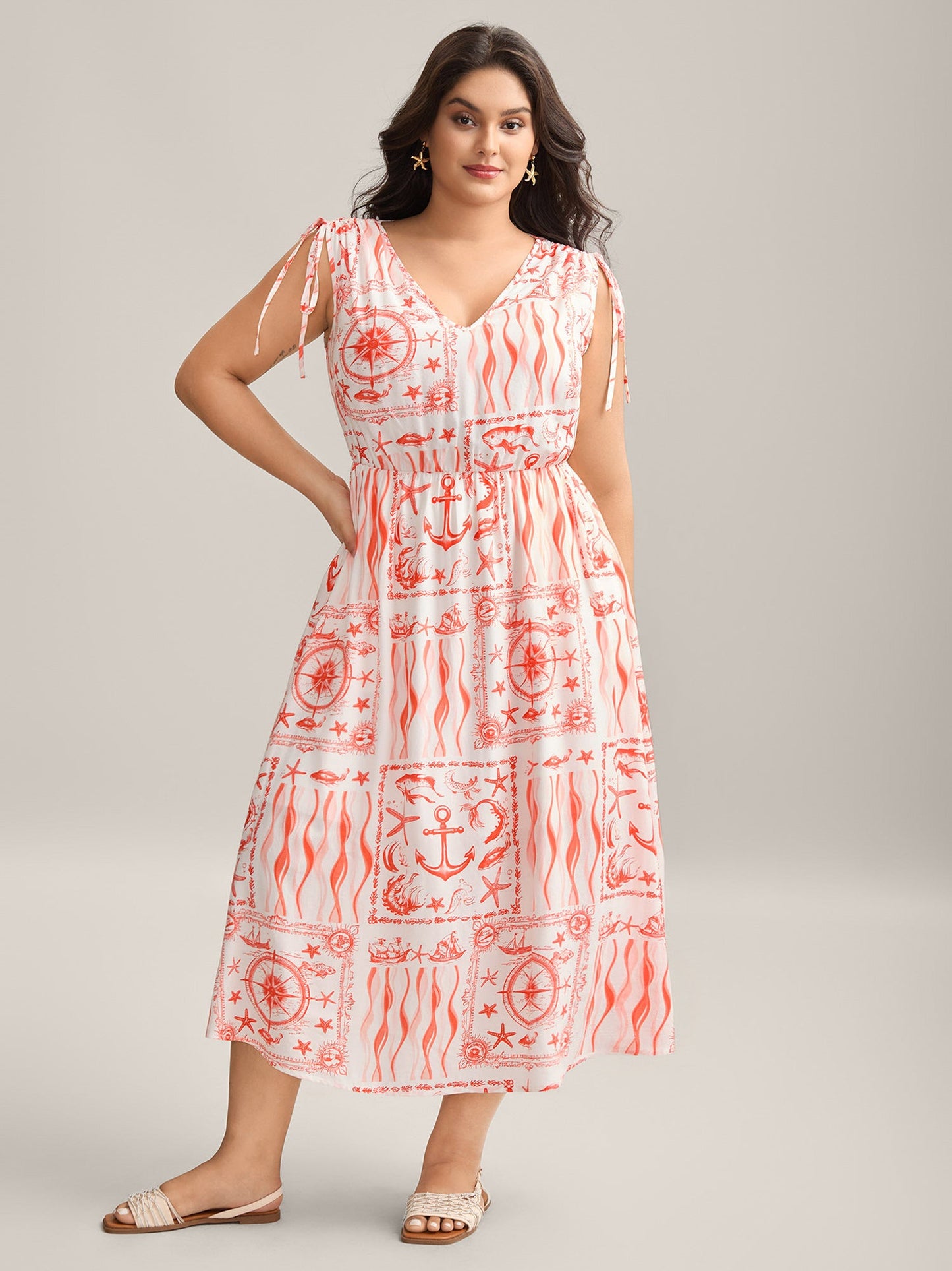 Nautical Print Sleeveless Ties Pockets Maxi Dress