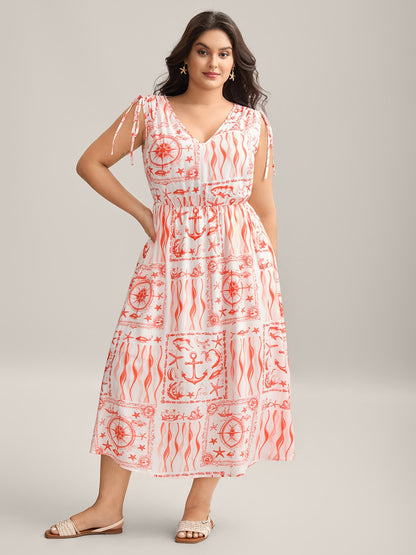 Nautical Print Sleeveless Ties Pockets Maxi Dress