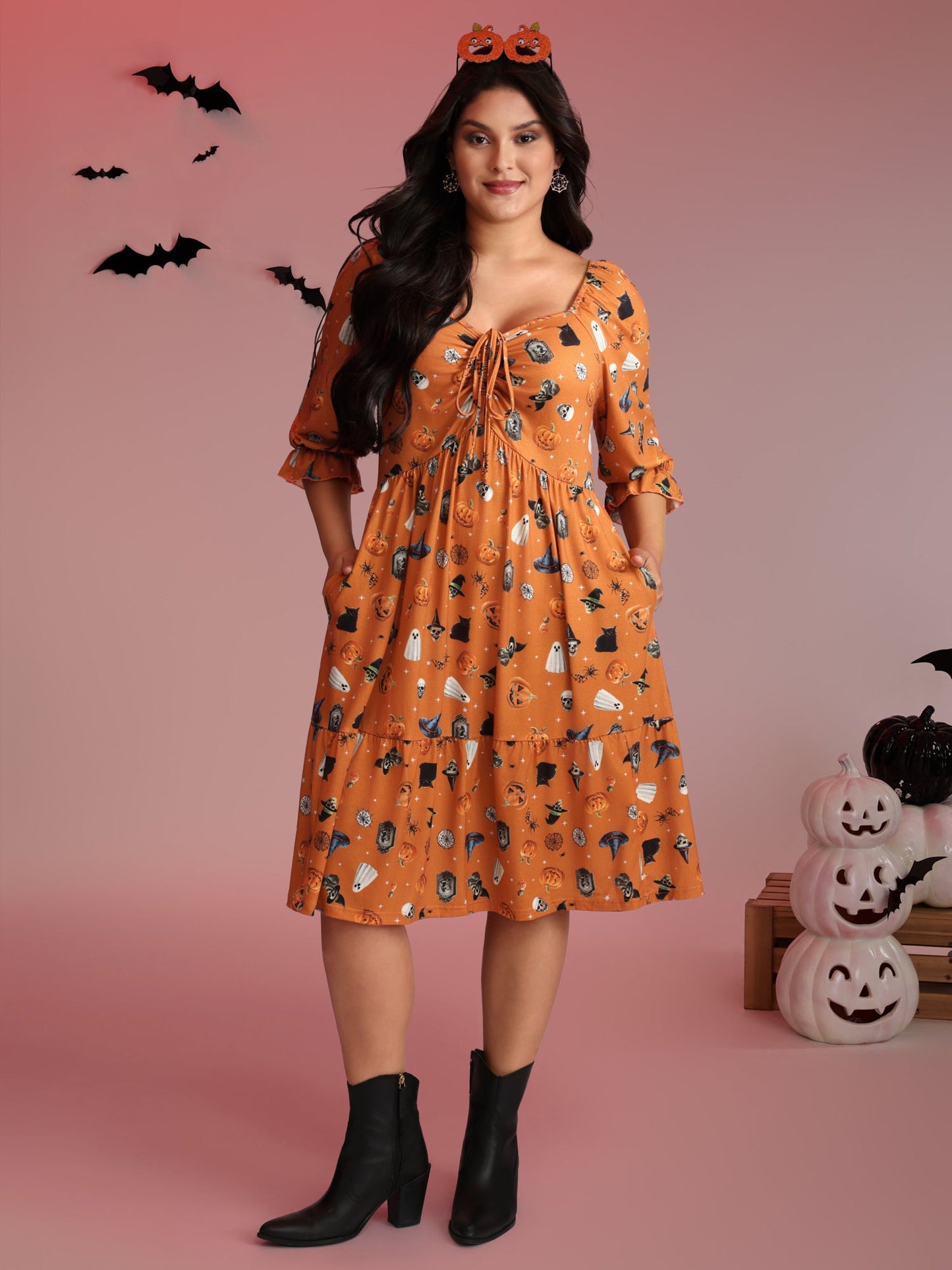 Cozy Hauntings Stretchy Waist Pockets Midi Dress