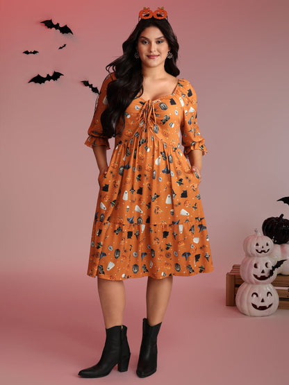 Cozy Hauntings Stretchy Waist Pockets Midi Dress