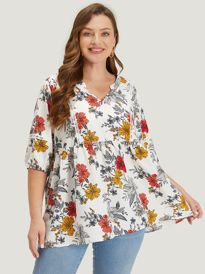 Floral Lantern Sleeve Lace Gathered Notched Blouse