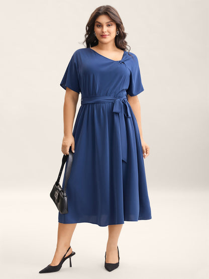 Keyhole Belted Pockets Plain Midi Dress