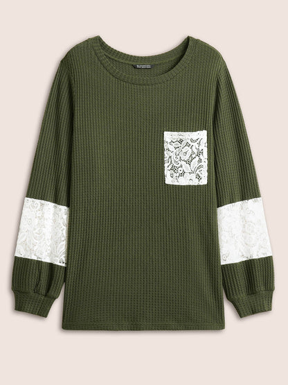 Waffle Knit Contrast Lace Patchwork T-shirt