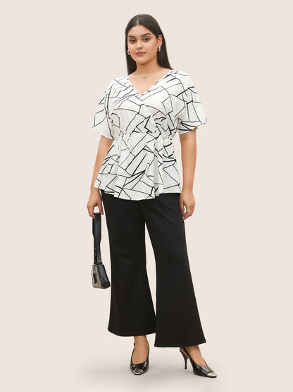 Geometric Overlap Collar Ruffle Sleeve Blouse