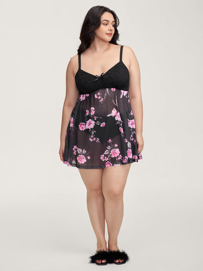 Floral Print Sheer Lace Trim Sleep Dress
