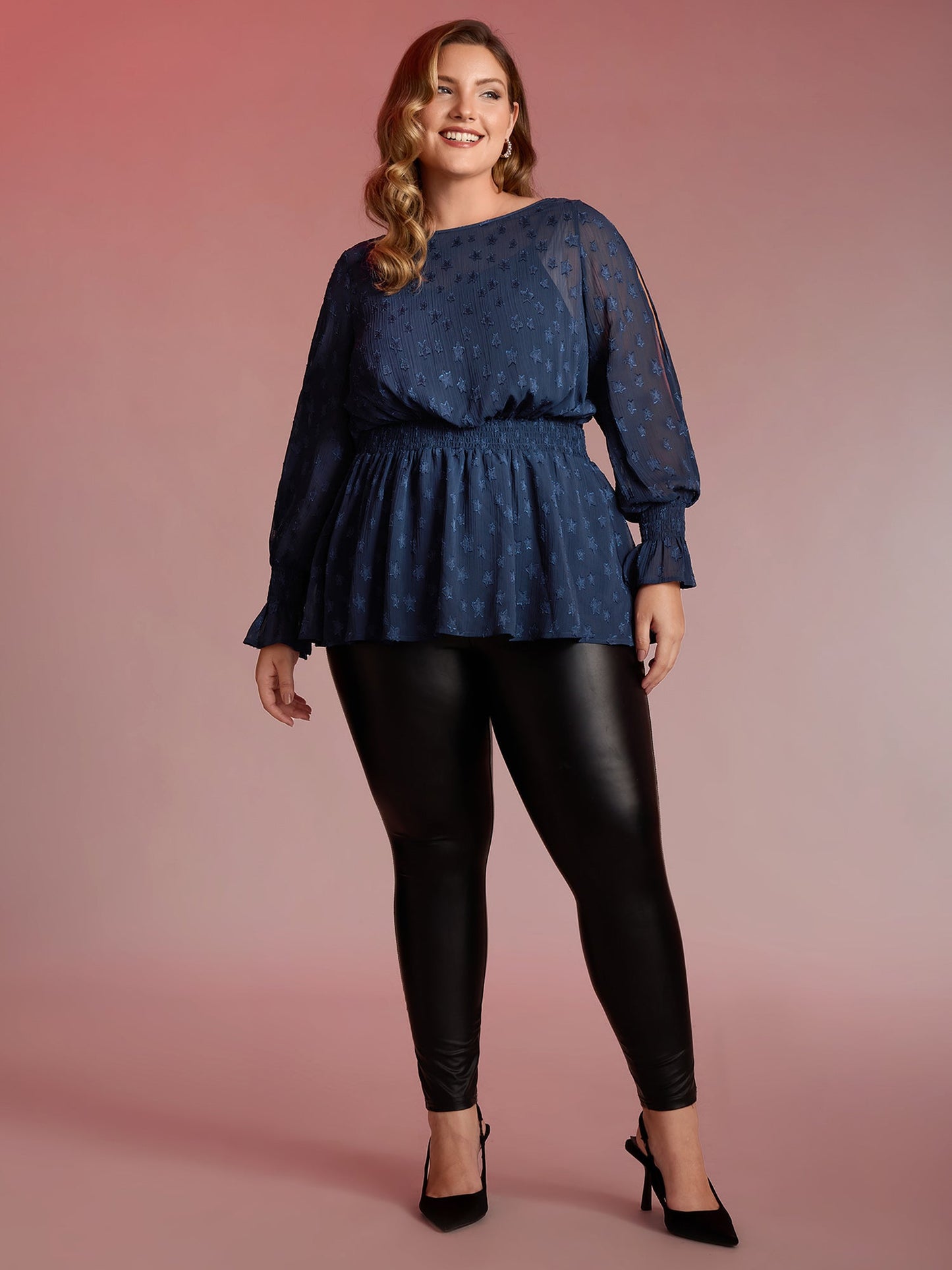 Star Jacquard Print Shirred Ruffled Blouse