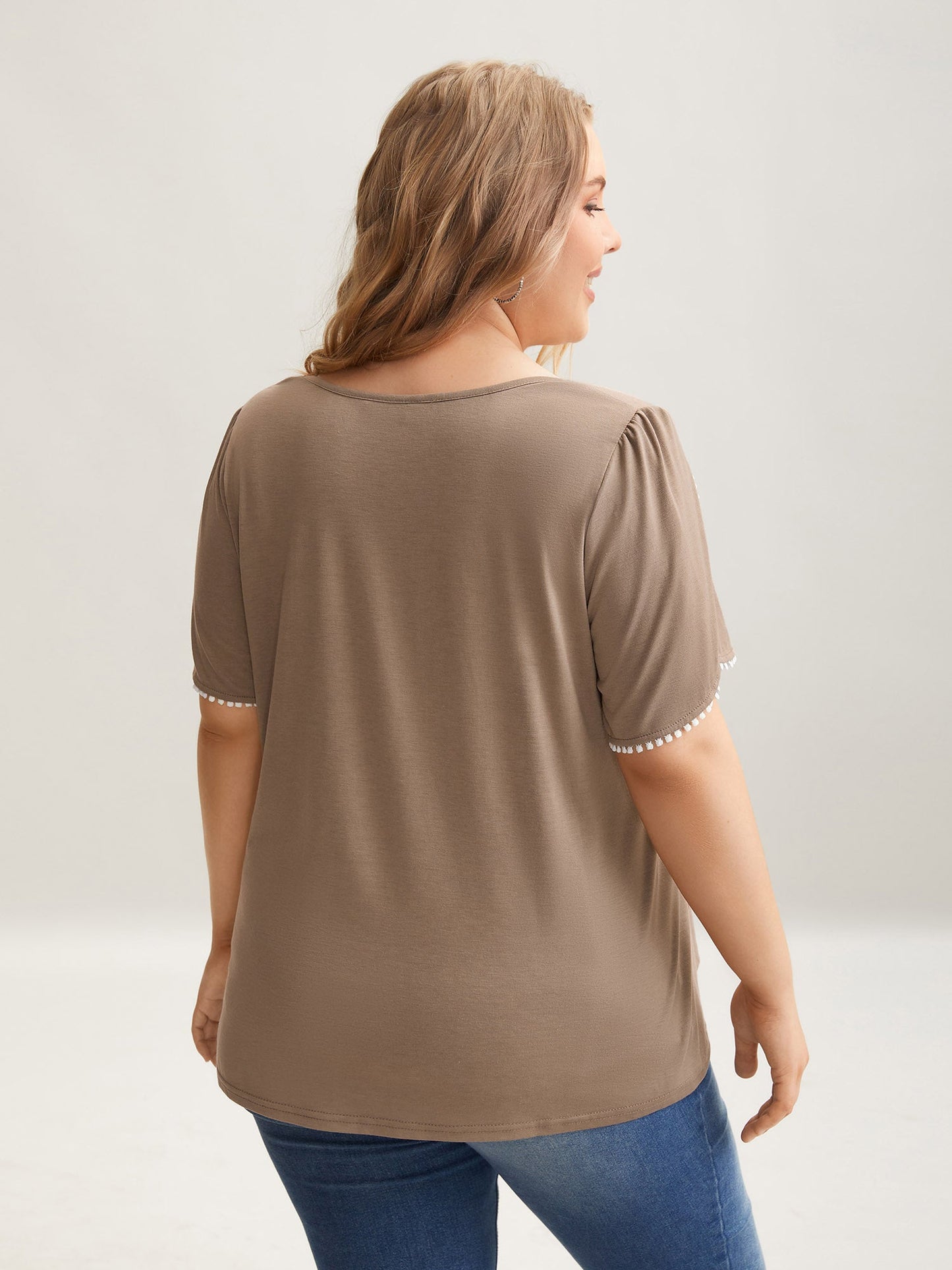 Petal Sleeve Lace Button Solid T-Shirt