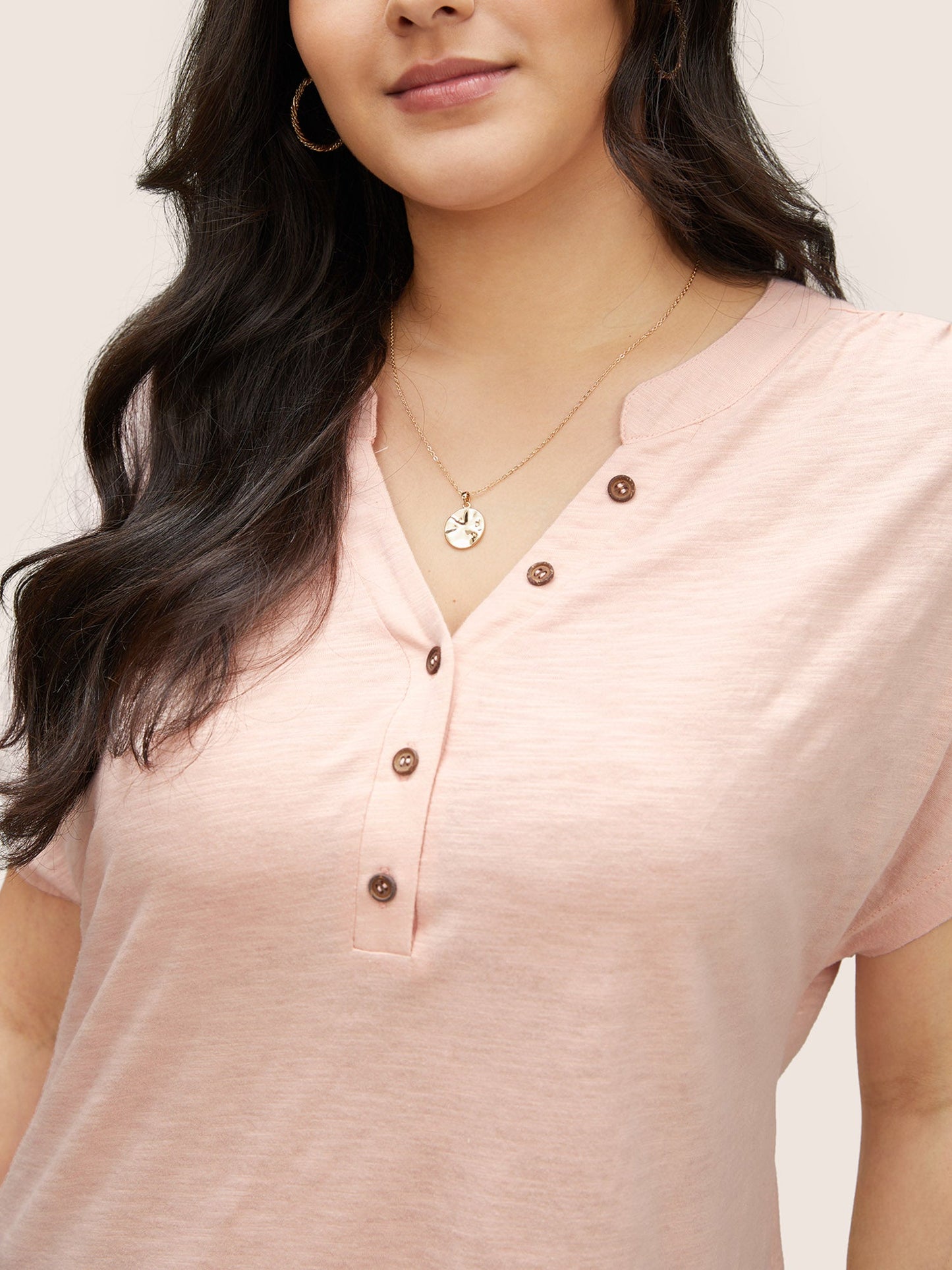 Cotton Solid Notched Dolman Sleeve T-shirt