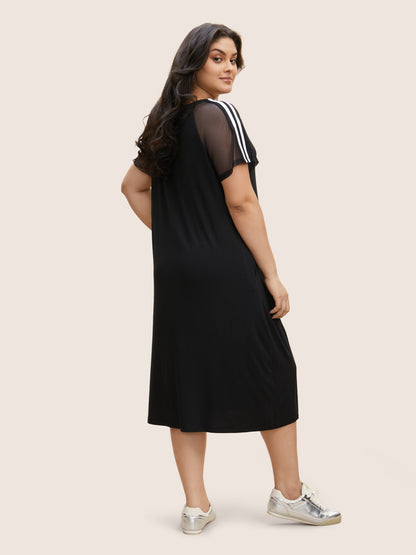 Number Print Striped Mesh Patchwork Midi Dress