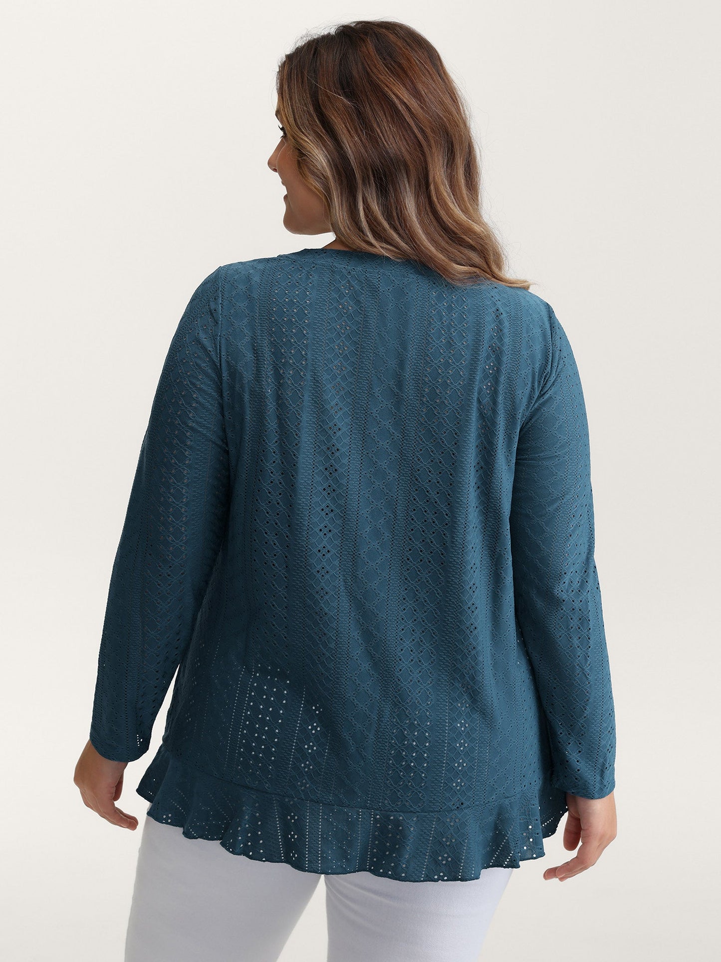 Eyelet Trim Overlap Ruffled Hem T-Shirt