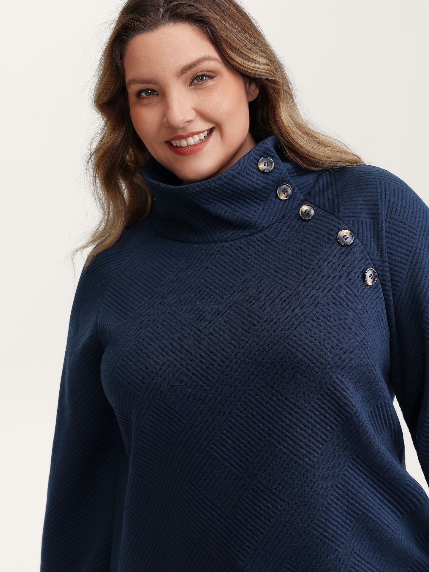 Textured Folded Collar Button Sweatshirt