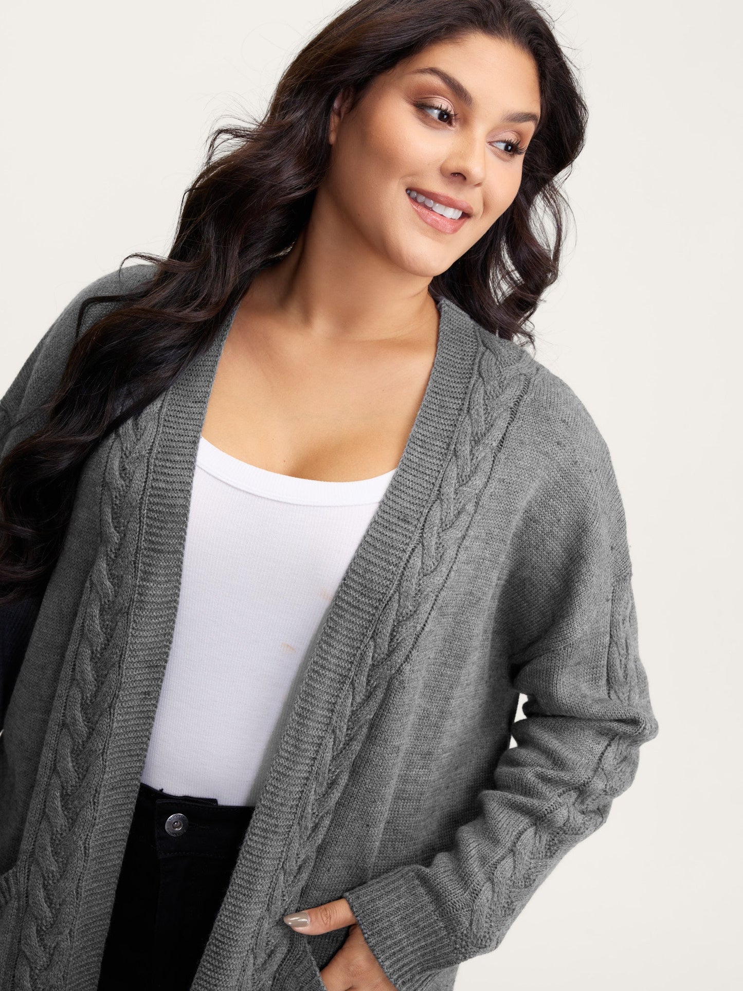 Cable Knit Side Pockets Knit Cardigan