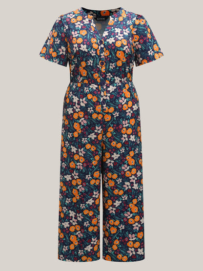 Abstract Floral Print Button Jumpsuit