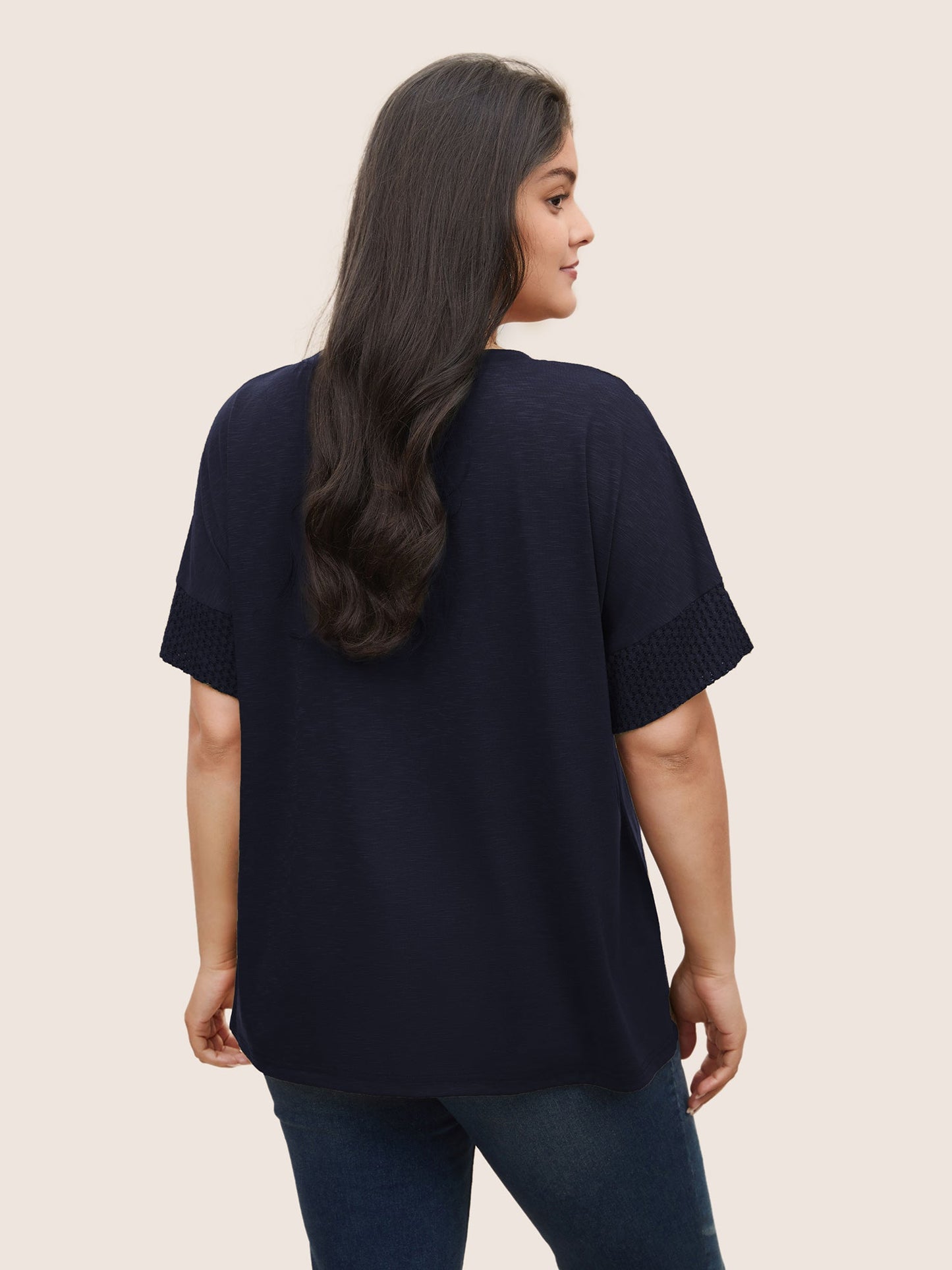 Solid Lace Insert Batwing Sleeve T-shirt