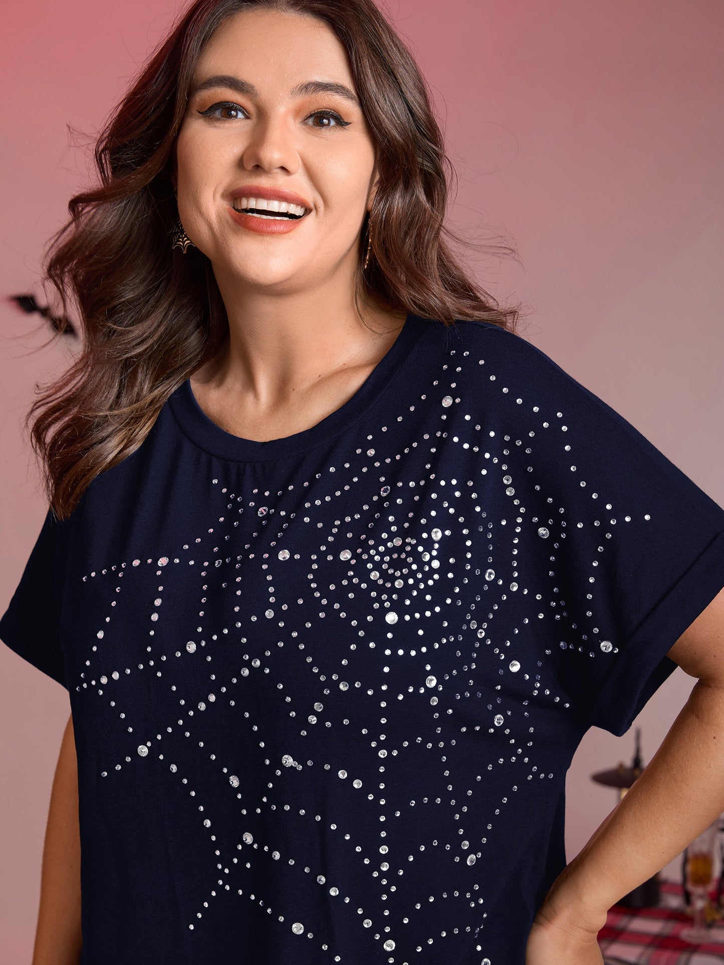 Spiderweb Rhinestone Stretchy Solid T-Shirt