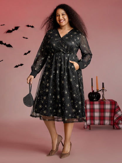 Star Moon Mesh Cinched-Waist Midi Dress
