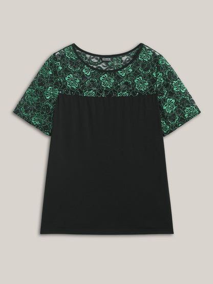 Lace Neck Sequins Color Contrast T-Shirt