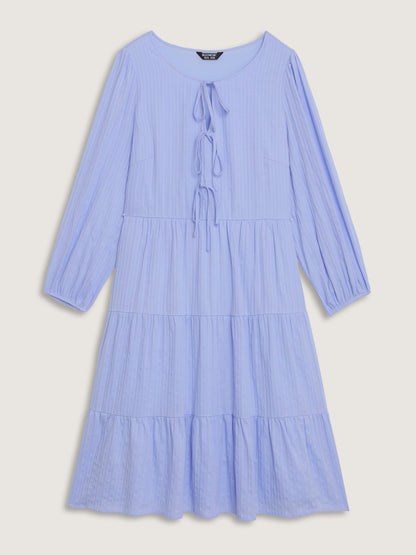 Cotton Textured Bow-Tie Detail Tiered Midi Dress