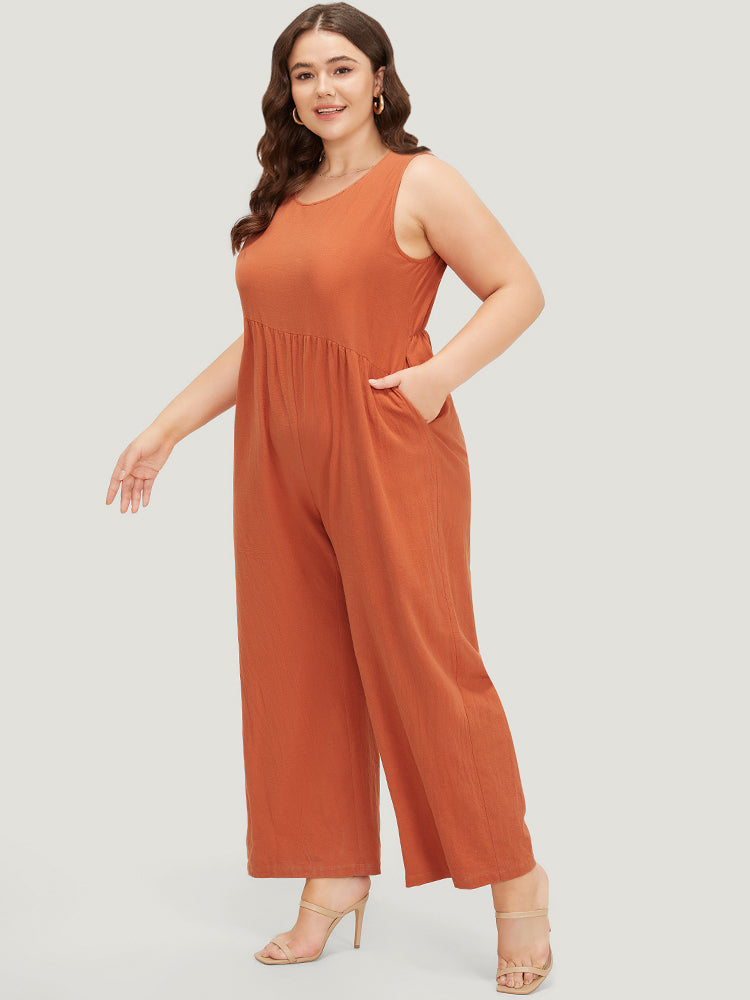 Plain Pocket Zipper Patchwork Tank Jumpsuit
