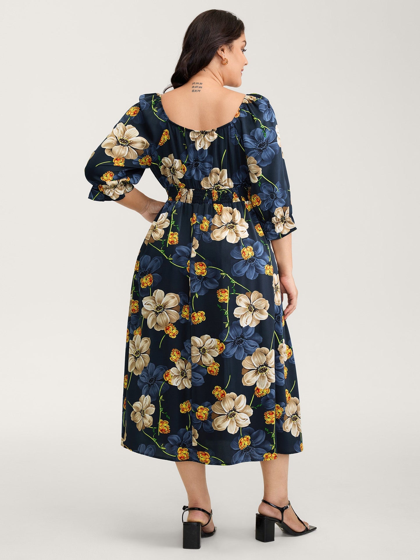 Floral Print Triangular Waist Cinched Midi Dress