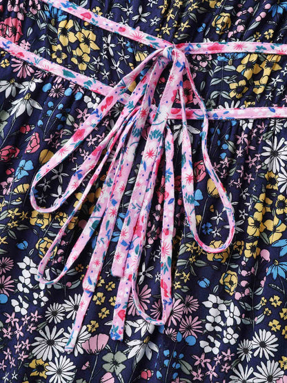 Rayon Floral Print Contrast Pockets Midi Dress