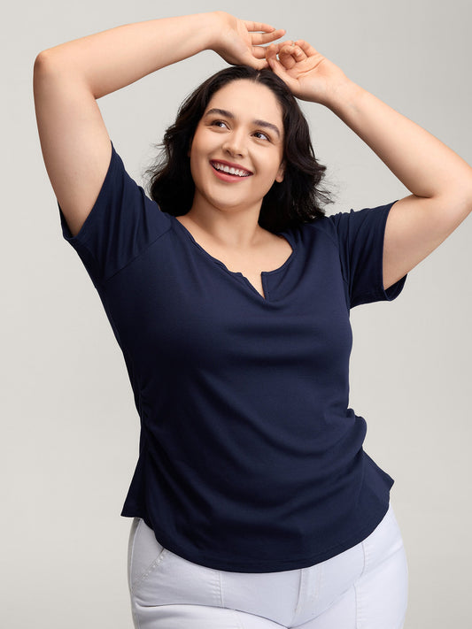 Ribbed High Stretch Split Neck T-Shirt