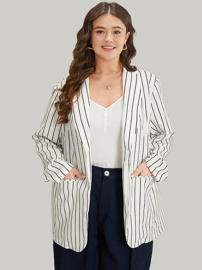 Striped Pocket Gathered Lapel Collar Blazer