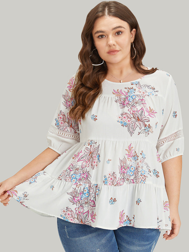 Floral Print Patchwork Ruffle Layered Hem Lantern Sleeve Blouse