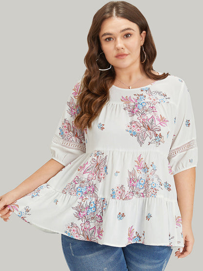 Floral Print Patchwork Ruffle Layered Hem Lantern Sleeve Blouse
