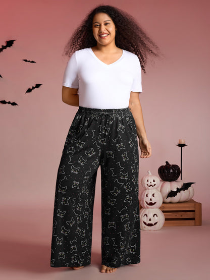 Meow Halloween Print Wide-Leg Lounge Pants