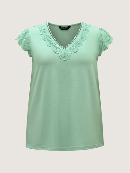 Webbed Lace V-Neck Solid T-Shirt