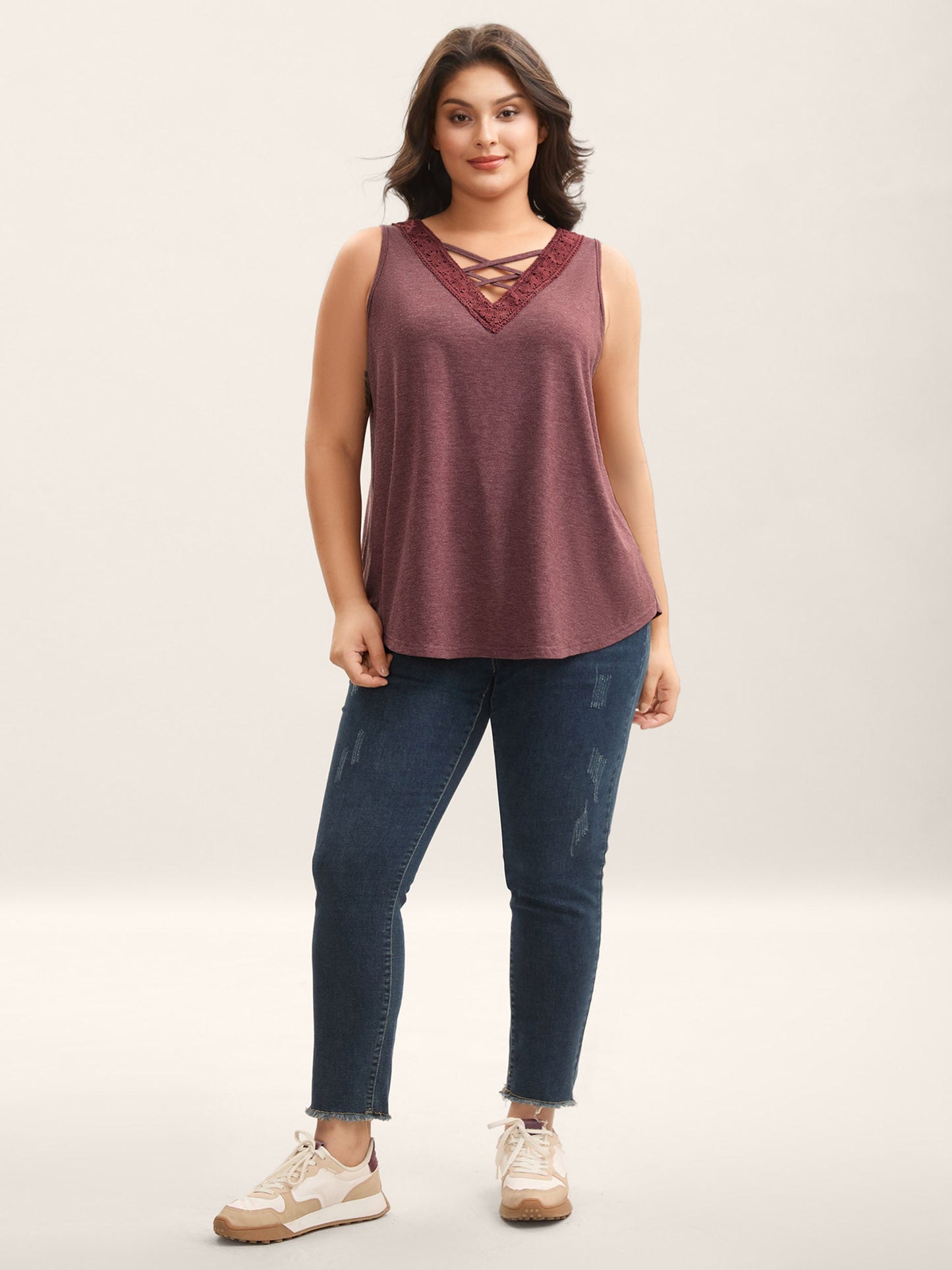 Neck Tie-Up Lace Spliced Tank Top