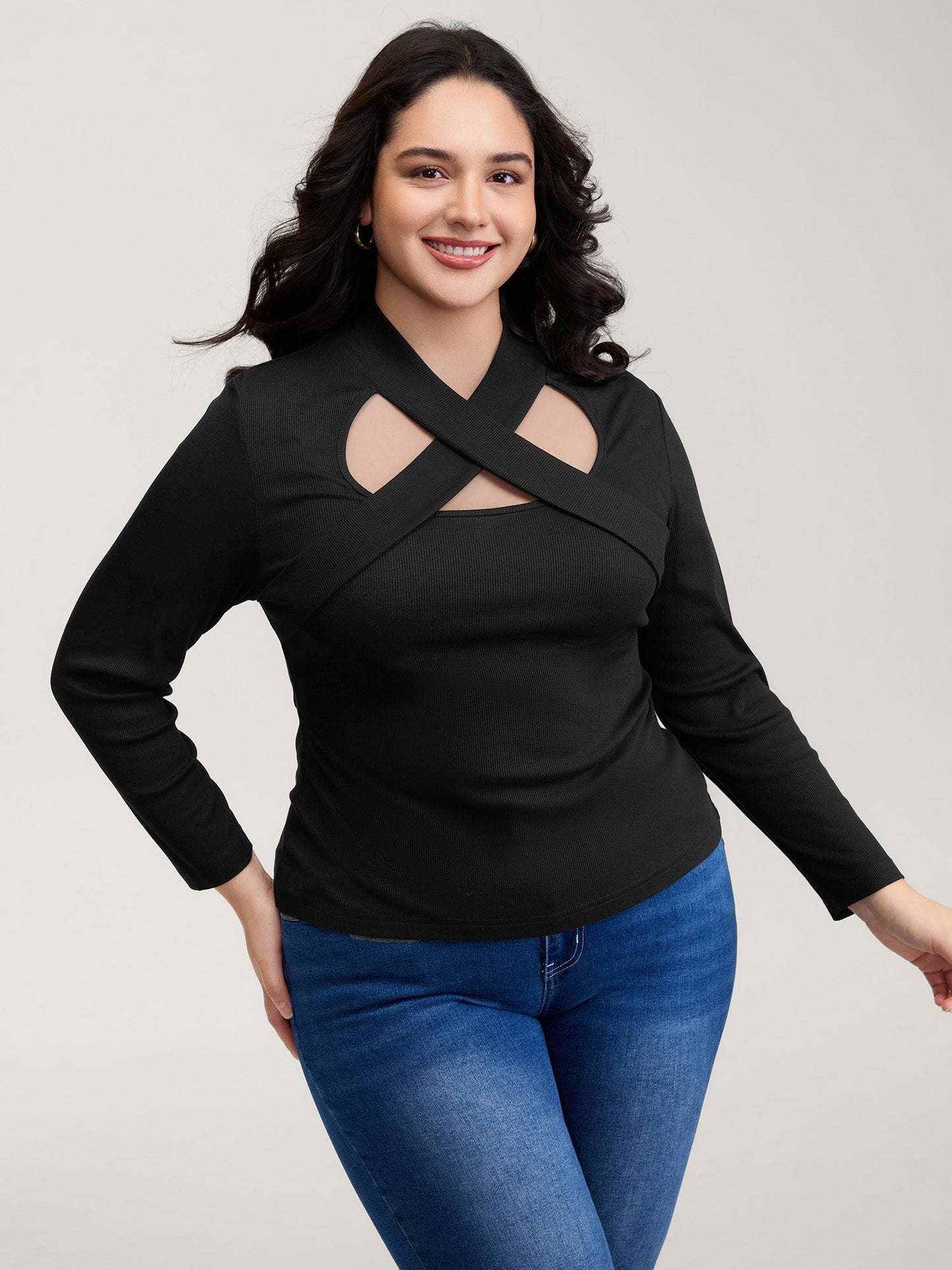 Crossover Cut-Out Neckline Fitted Top