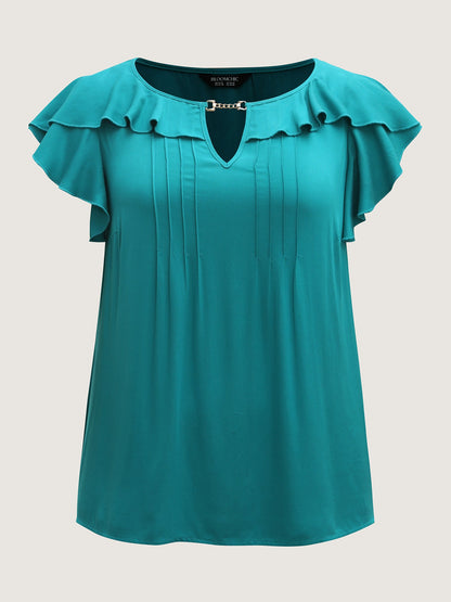 Ruffled Neck Metal Cut-Out Blouse