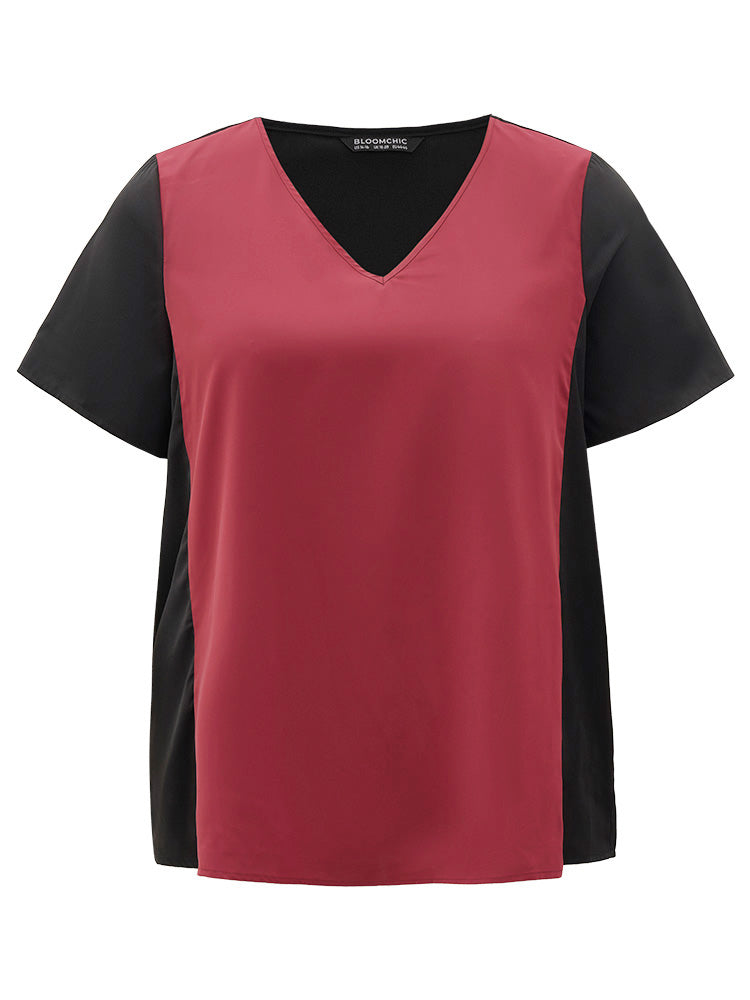 Colorblock Contrast Patchwork V Neck Blouse