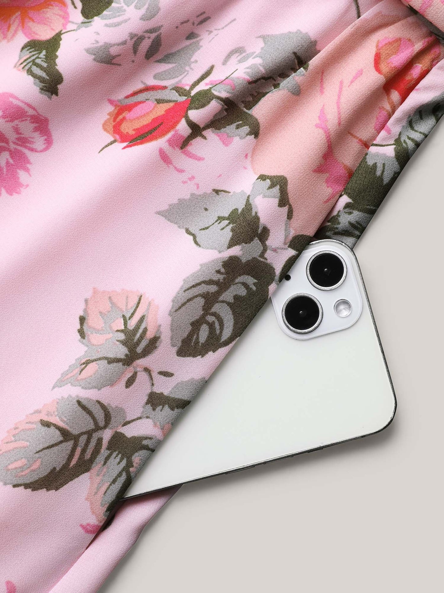 Rosy Print Pockets Pleated Midi Dress