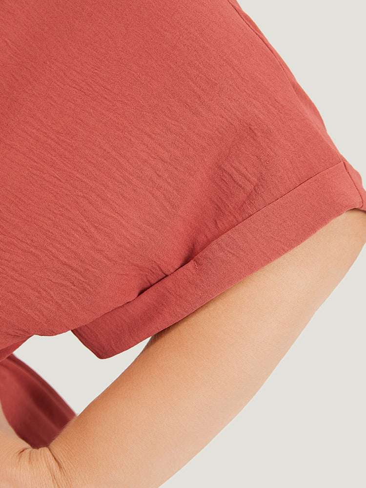 Solid Pocket Button Detail Ties Roll Sleeve Dress