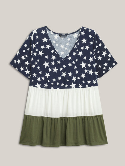 Star Print Color Contrast Tiered T-Shirt