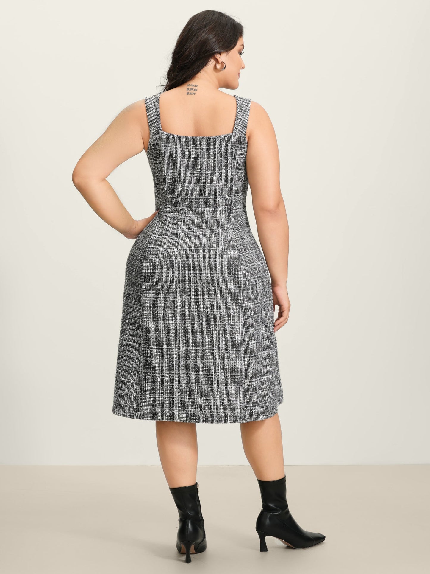 Tweed Sweetheart Neck Cinched-Waist Midi Dress