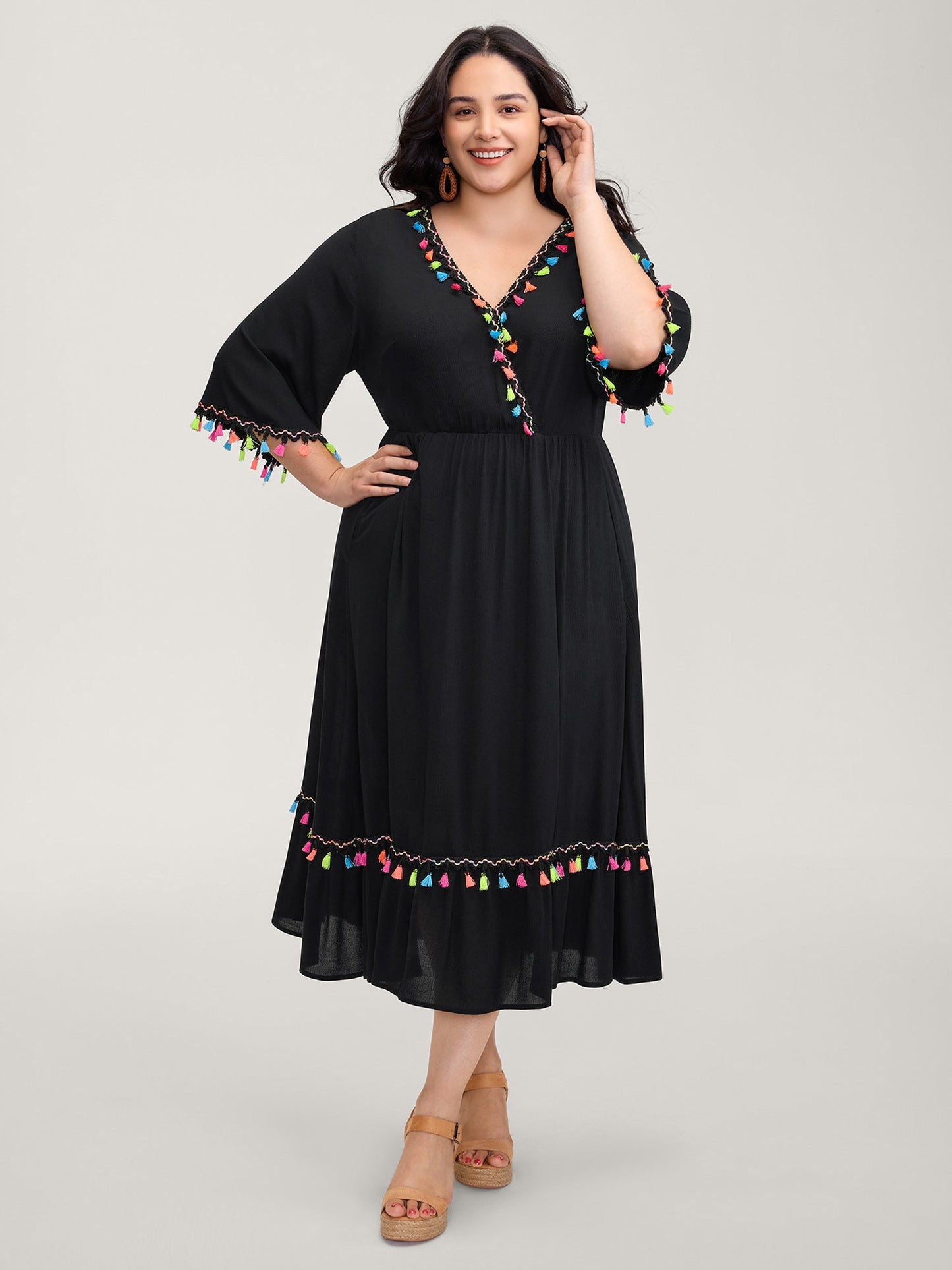 Floral Stretchy Embroidery Tassels Maxi Dress