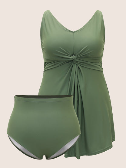 Plain Twist Front Gathered Swim Dress