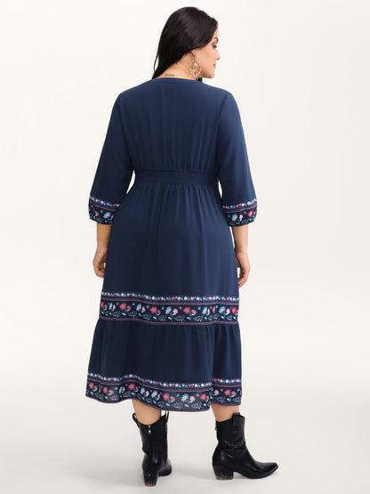 Floral Pattern Stretchy Waist Notched Maxi Dress