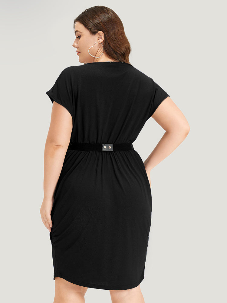 Plain Wrap Gathered Curved Hem Metal Detail Belted Dress