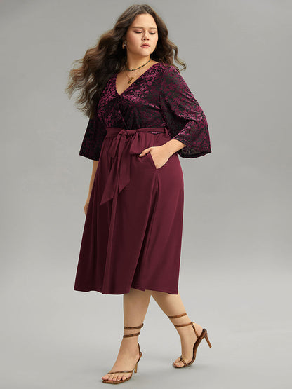 Silhouette Floral Print Belted Patchwork Velvet Dress