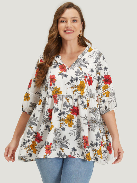 Floral Lantern Sleeve Lace Gathered Notched Blouse